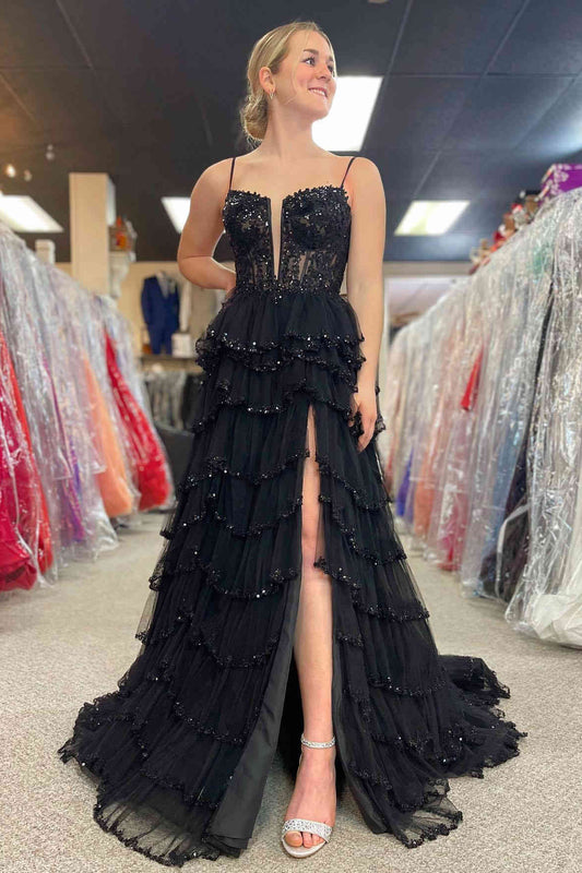 Abbie | Straps Black Mesh Cutout Sequined Layered Long Prom Dress - Prom Dresses - DINIBLO 