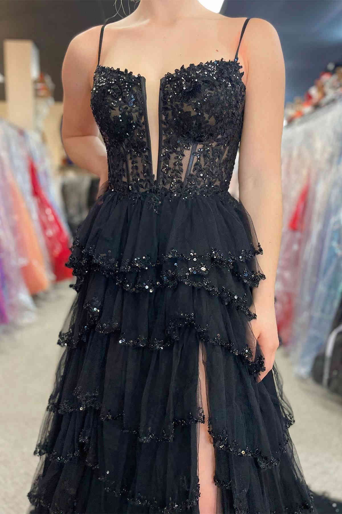 Abbie | Straps Black Mesh Cutout Sequined Layered Long Prom Dress - Prom Dresses - DINIBLO 