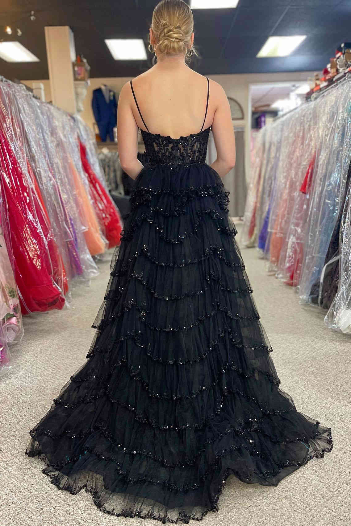 Abbie | Straps Black Mesh Cutout Sequined Layered Long Prom Dress - Prom Dresses - DINIBLO 