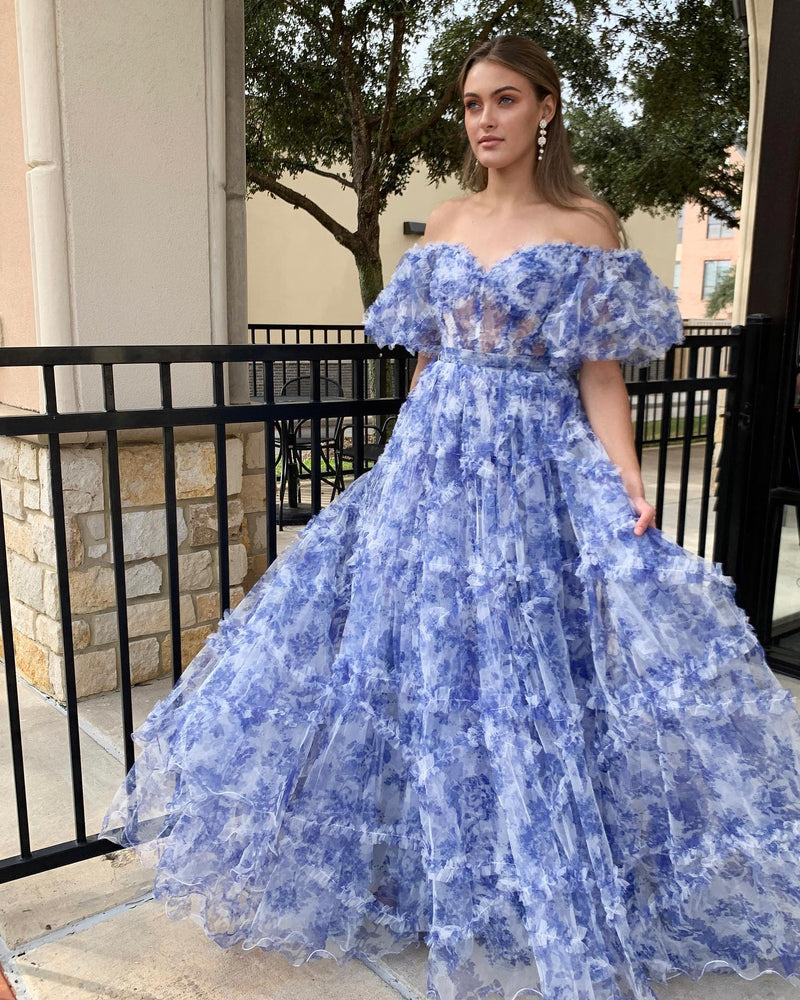 Sydney |A Line Off The Shoulder Floral Tulle Prom Dress - Prom Dress - DINIBLO 