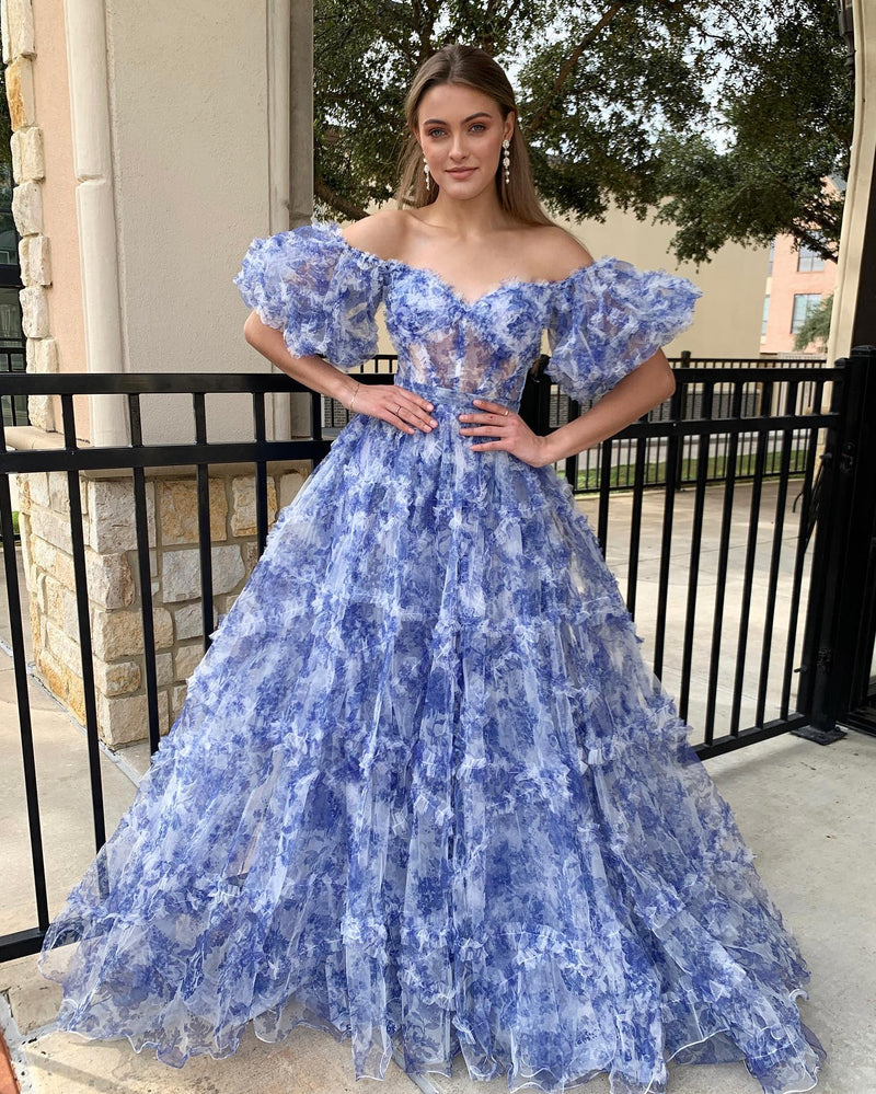 Sydney |A Line Off The Shoulder Floral Tulle Prom Dress - Prom Dress - DINIBLO 