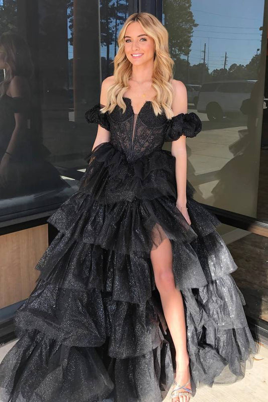 Sexy Sweetheart Black A-Line Lace Layered Dress with Slit - Prom Dresses - DINIBLO 