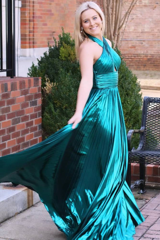 Emerald Green Metallic Key Hole Pleated Gown with Slit - Prom Dresses - DINIBLO 