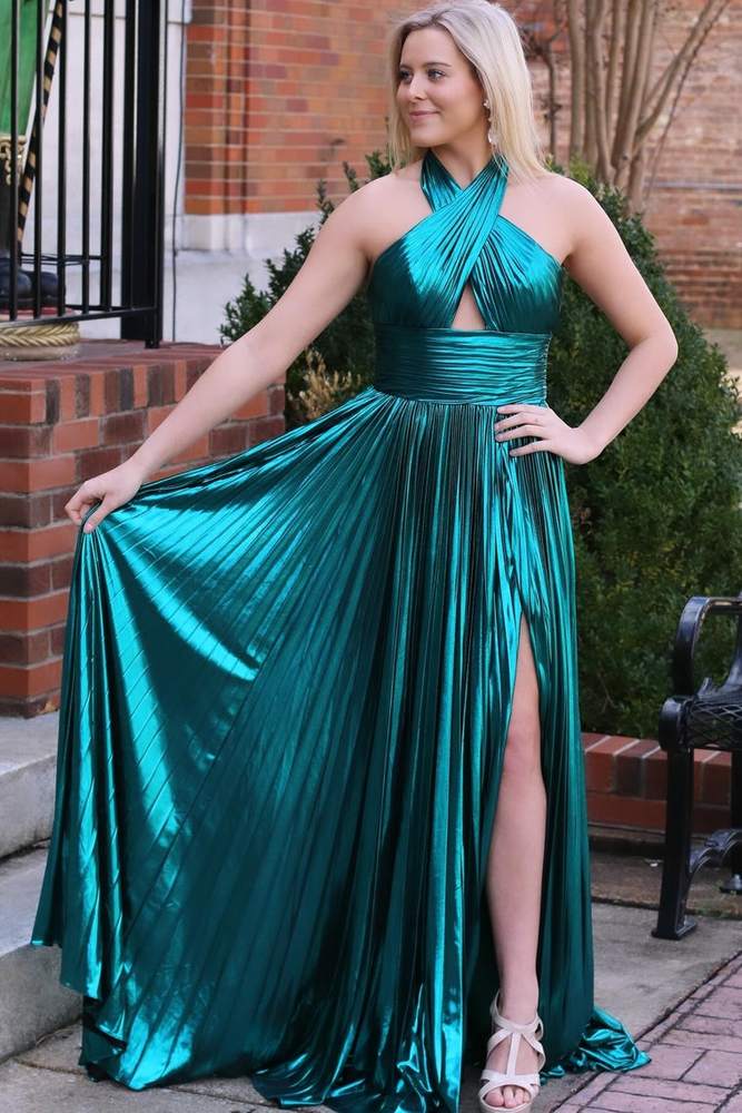 Emerald Green Metallic Key Hole Pleated Gown with Slit - Prom Dresses - DINIBLO 