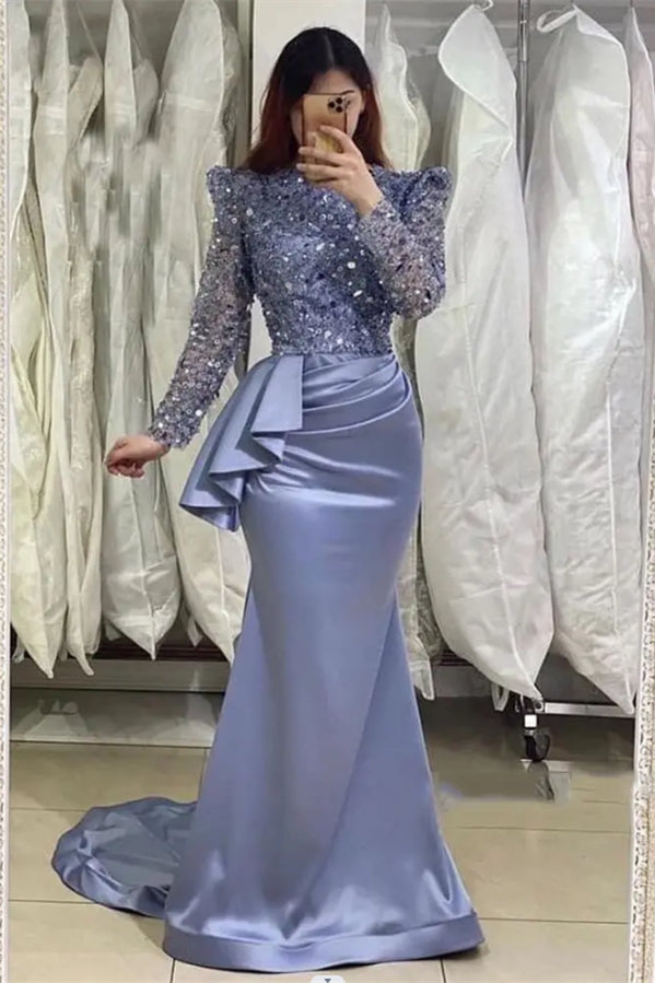 Glamorous Lavender Long Mermaid High Neck Beading Prom Dress With Long Sleeves - Prom Dresses - DINIBLO 