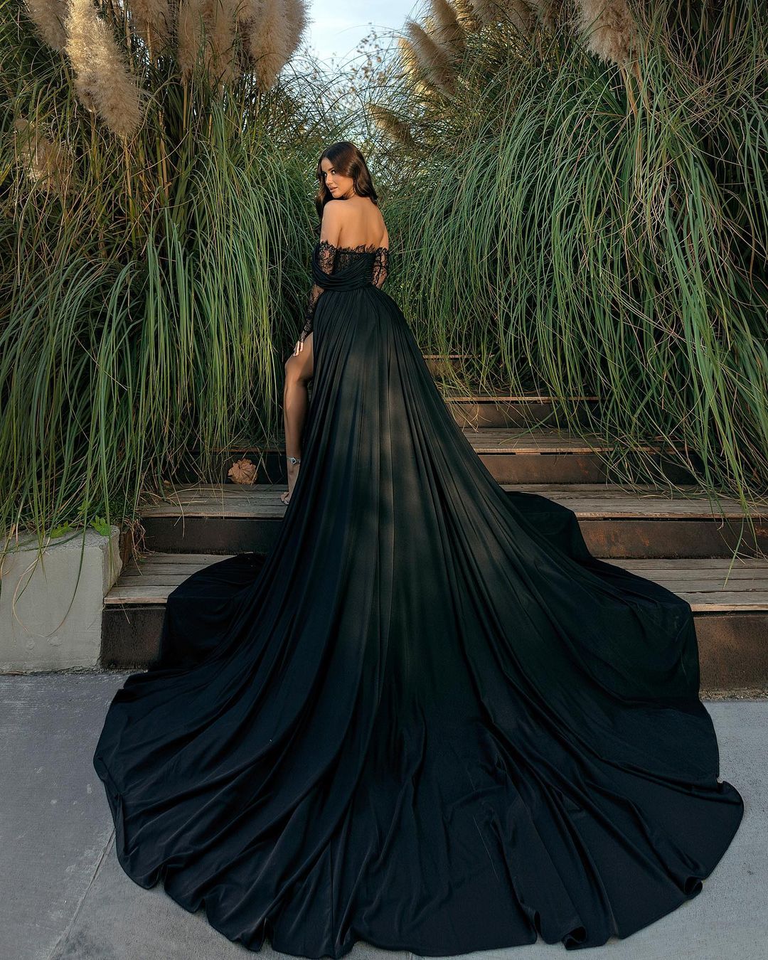 Glamorous Long Black Off-the-shoulder Lace Split Evening Dress With Slit - Prom Dresses - DINIBLO 