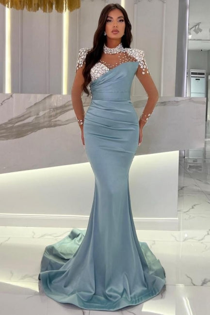 Glamorous Long Blue Mermaid High Neck Glitter Satin Prom Dress With Long Sleeves - Prom Dresses - DINIBLO 