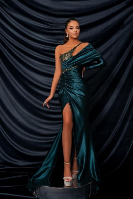 Glamorous Long Dark Green One Shoulder Beading Lace Long Sleeve Prom Dress with Slit - Prom Dresses - DINIBLO 