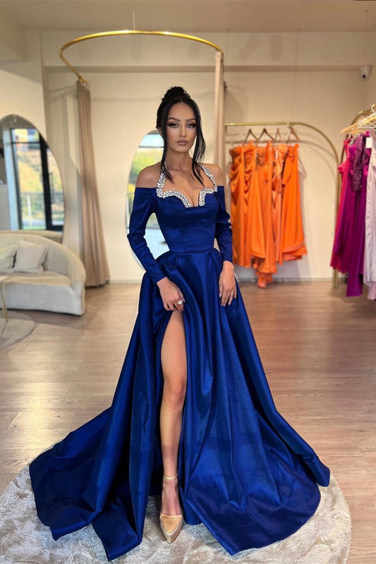 Glamorous Long Royal Blue A-line Halter Long Sleeves Rhinestones Prom Dress With Slit - Prom Dresses - DINIBLO 