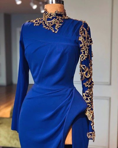 Glamorous Long Royal Blue High Neck Long Sleeves Lace Prom Dress With Slit - Prom Dresses - DINIBLO 