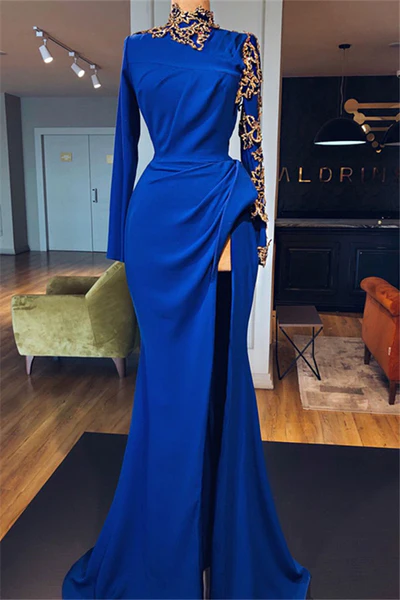 Glamorous Long Royal Blue High Neck Long Sleeves Lace Prom Dress With Slit - Prom Dresses - DINIBLO 