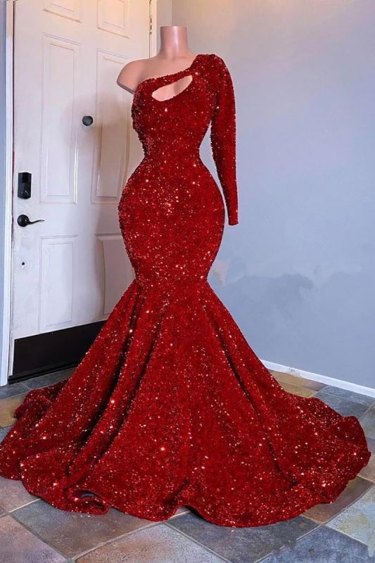 Glamorous Red Long Sleeves One-Shoulder Mermaid Prom Dress Sequins - Prom Dresses - DINIBLO 