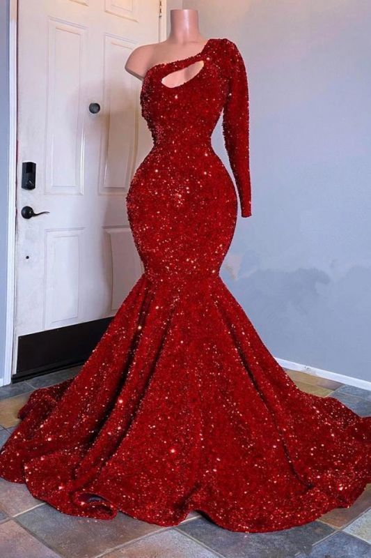 Glamorous Red Long Sleeves One-Shoulder Mermaid Prom Dress Sequins - Prom Dresses - DINIBLO 