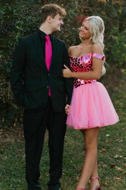 Glitter Pink Off the Shoulder A-Line Tulle Short Homecoming Dress - Homecoming Dresses - DINIBLO 