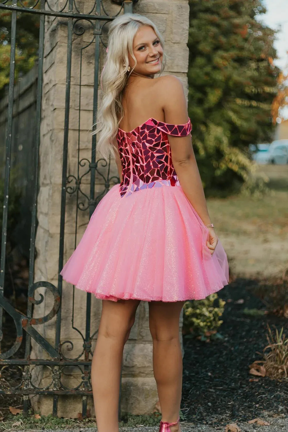 Glitter Pink Off the Shoulder A-Line Tulle Short Homecoming Dress - Homecoming Dresses - DINIBLO 