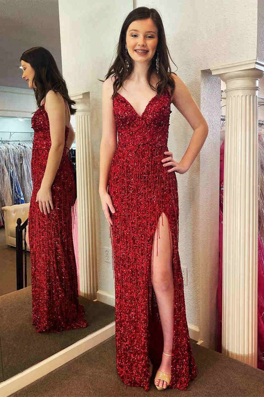 Glitter Red V-Neck Long Prom Dress with Tassel - prom dress - DINIBLO 