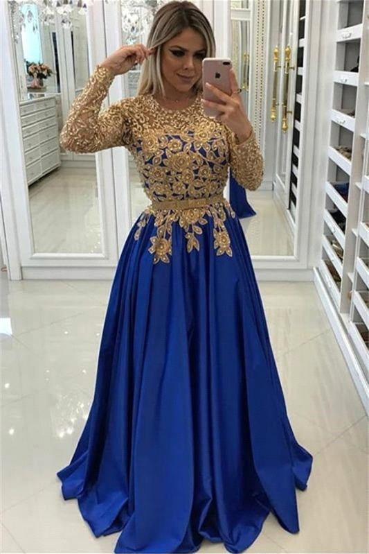 Gold Beads Lace Appliques Evening Dress with Sleeves - Prom Dresses - DINIBLO 