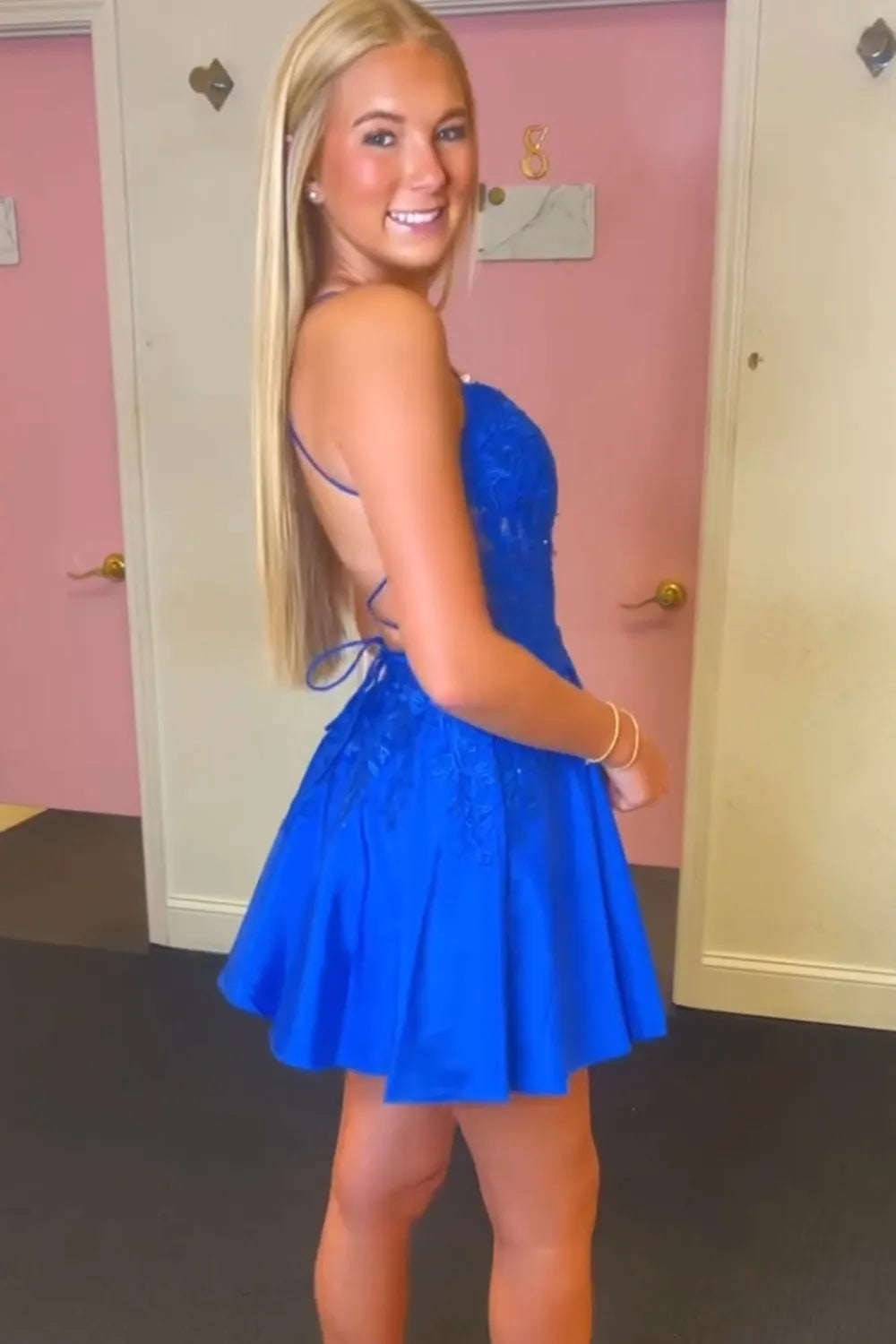 Gorgeous A Line Spaghetti Straps Royal Blue Corset Homecoming Dress with Appliques - Homecoming Dresses - DINIBLO 