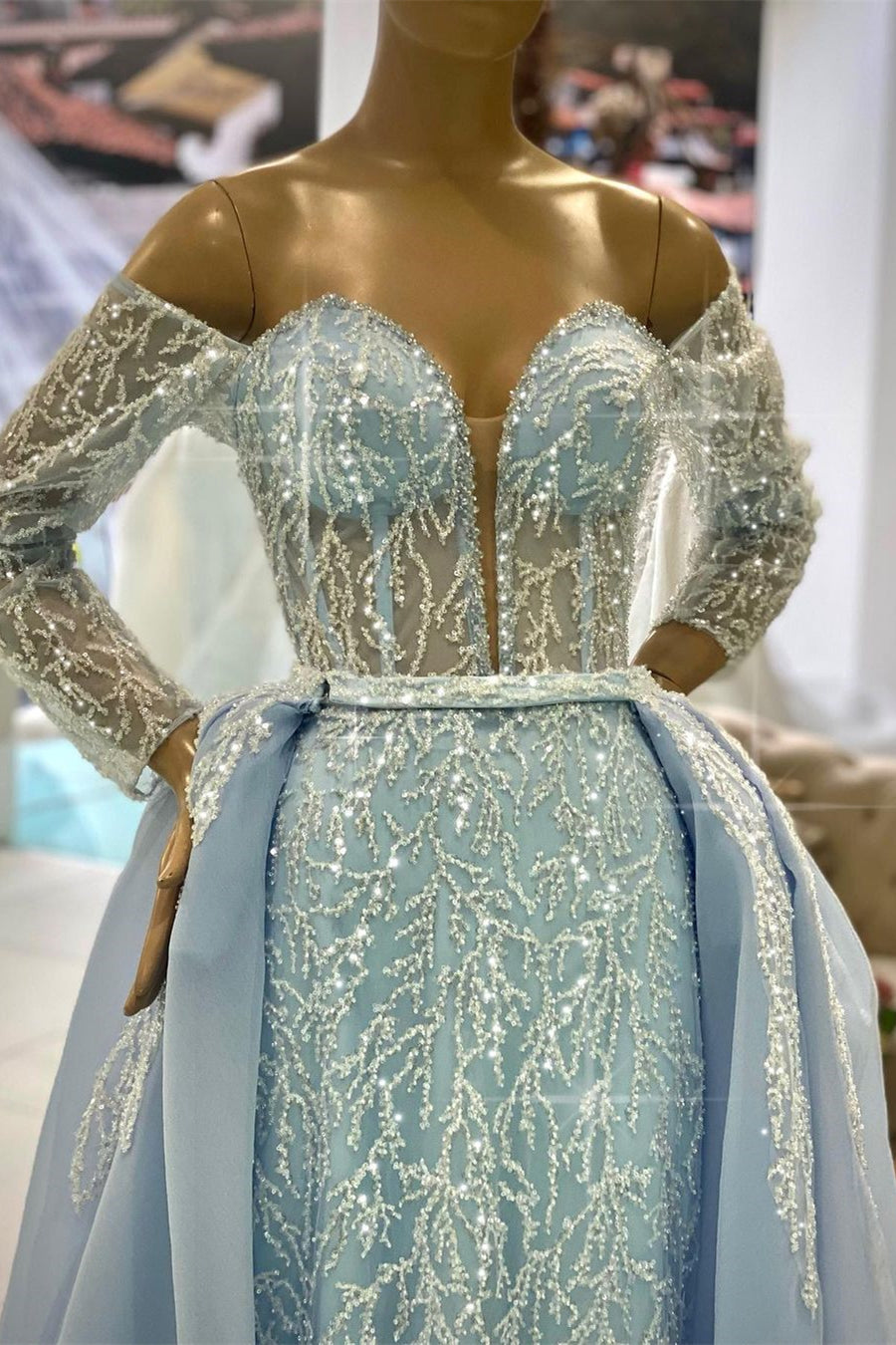 Gorgeous Blue Off-the-shoulder Long Sleeves A-line Beading Prom Dress - Prom Dresses - DINIBLO 