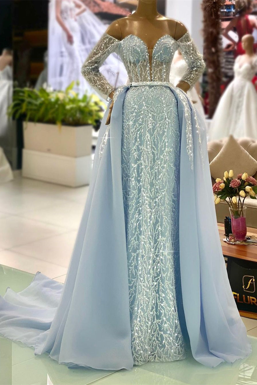 Gorgeous Blue Off-the-shoulder Long Sleeves A-line Beading Prom Dress - Prom Dresses - DINIBLO 