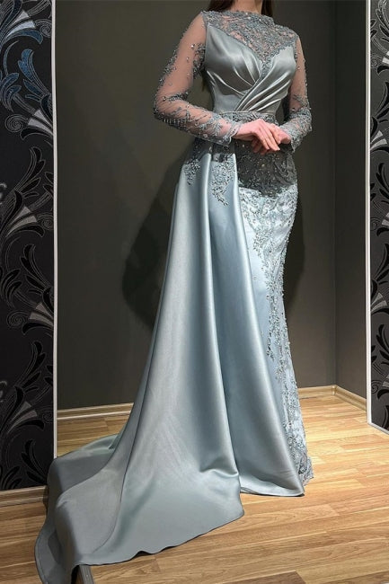 Gorgeous Grey Long Sleeves Jewel Mermaid Stretch Satin Prom Dress with Appliques - Prom Dresses - DINIBLO 