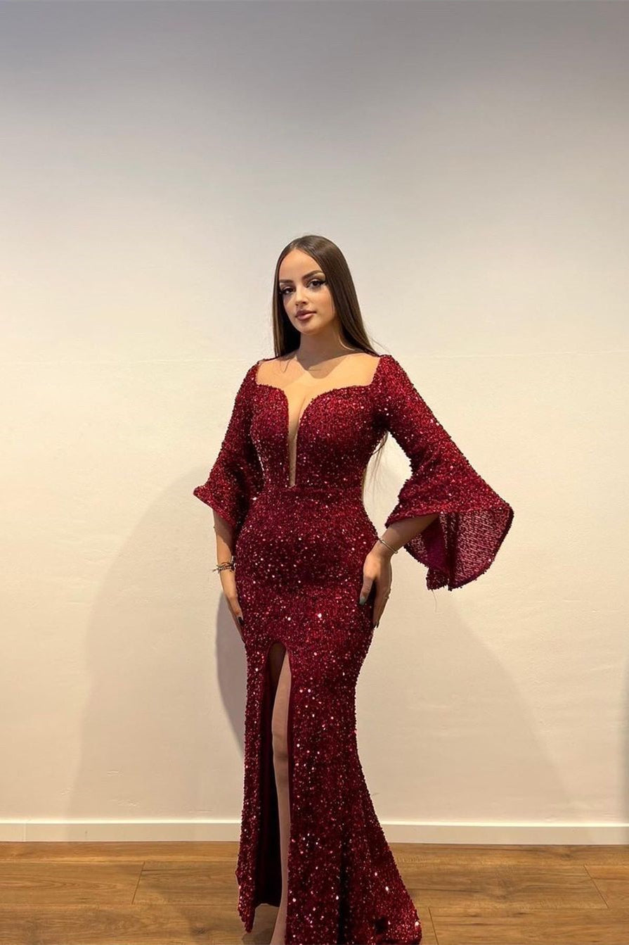 Gorgeous Long Burgundy Sequined Split Front Prom Dress With Long Sleeves - Prom Dresses - DINIBLO 