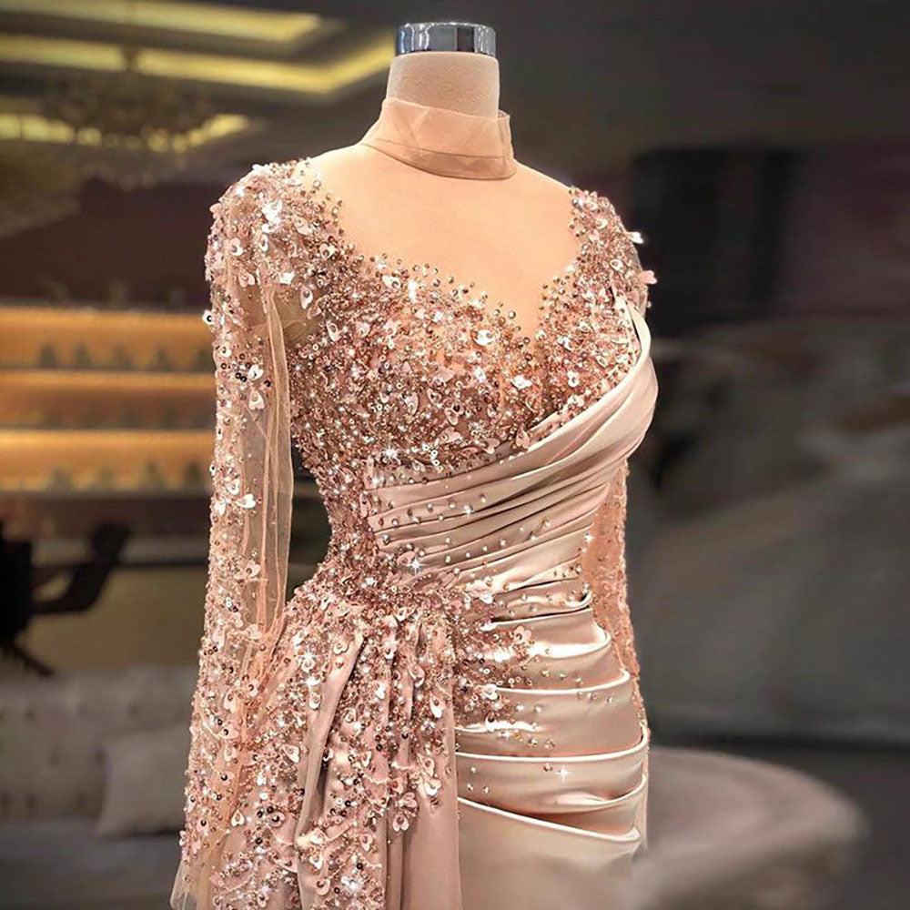 Gorgeous Long High Neck Beading Sequined Prom Dress With Long Sleeves - Prom Dresses - DINIBLO 