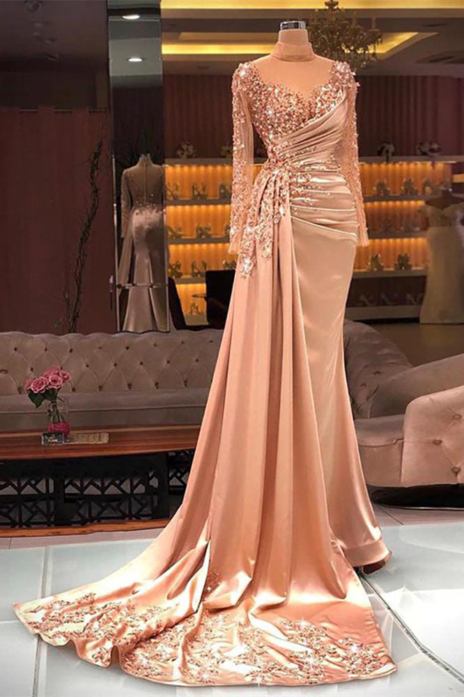 Gorgeous Long High Neck Beading Sequined Prom Dress With Long Sleeves - Prom Dresses - DINIBLO 