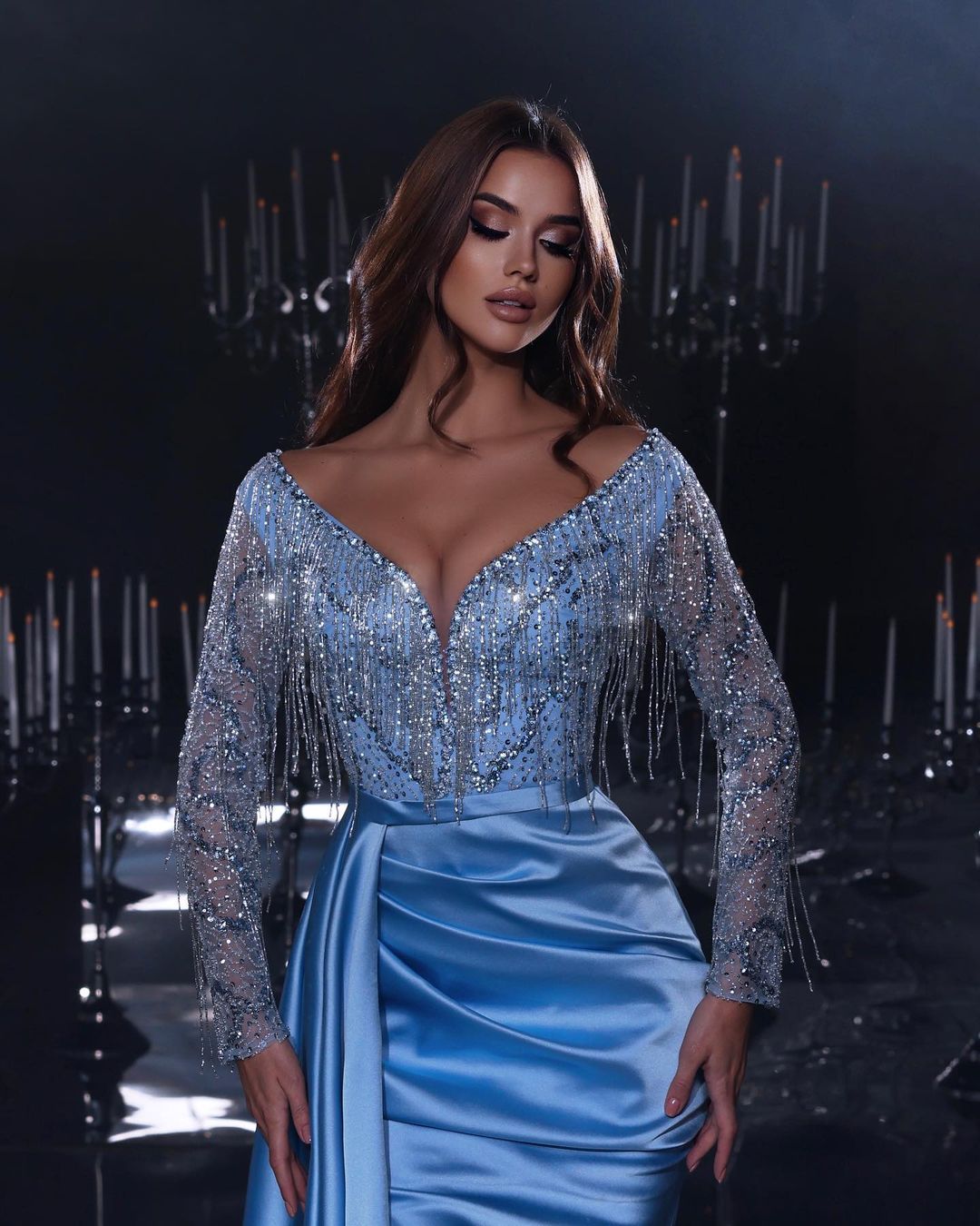 Gorgeous Long Mermaid Blue V-neck Sequined Beading Split Prom Dress With Long Sleeves - Prom Dresses - DINIBLO 