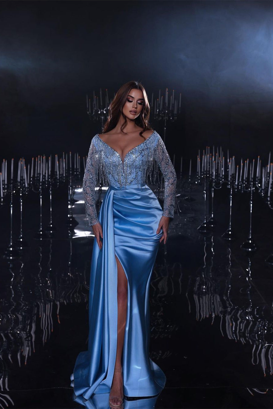 Gorgeous Long Mermaid Blue V-neck Sequined Beading Split Prom Dress With Long Sleeves - Prom Dresses - DINIBLO 