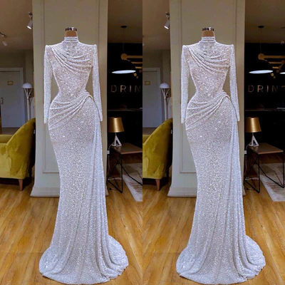 Gorgeous Long White Mermaid High Neck Sequined Prom Dress With Long Sleeves - Prom Dresses - DINIBLO 