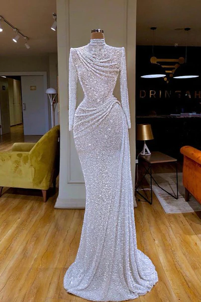 Gorgeous Long White Mermaid High Neck Sequined Prom Dress With Long Sleeves - Prom Dresses - DINIBLO 