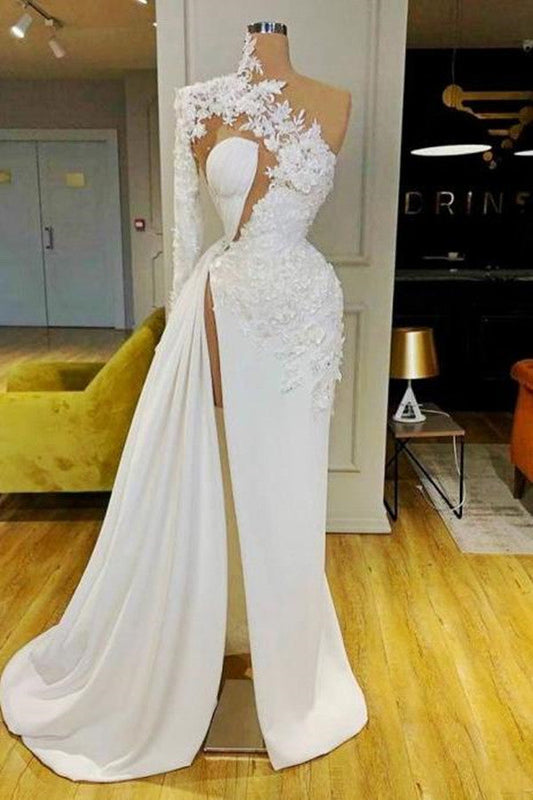 Gorgeous One Shoulder Long Sleeve Prom Dress With Lace Appliques Side Slit - Prom Dresses - DINIBLO 