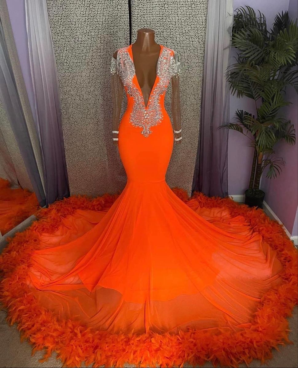 Gorgeous Orange Mermaid Tassel V-Neck Lace Prom Dress With Long Sleeves - Prom Dresses - DINIBLO 