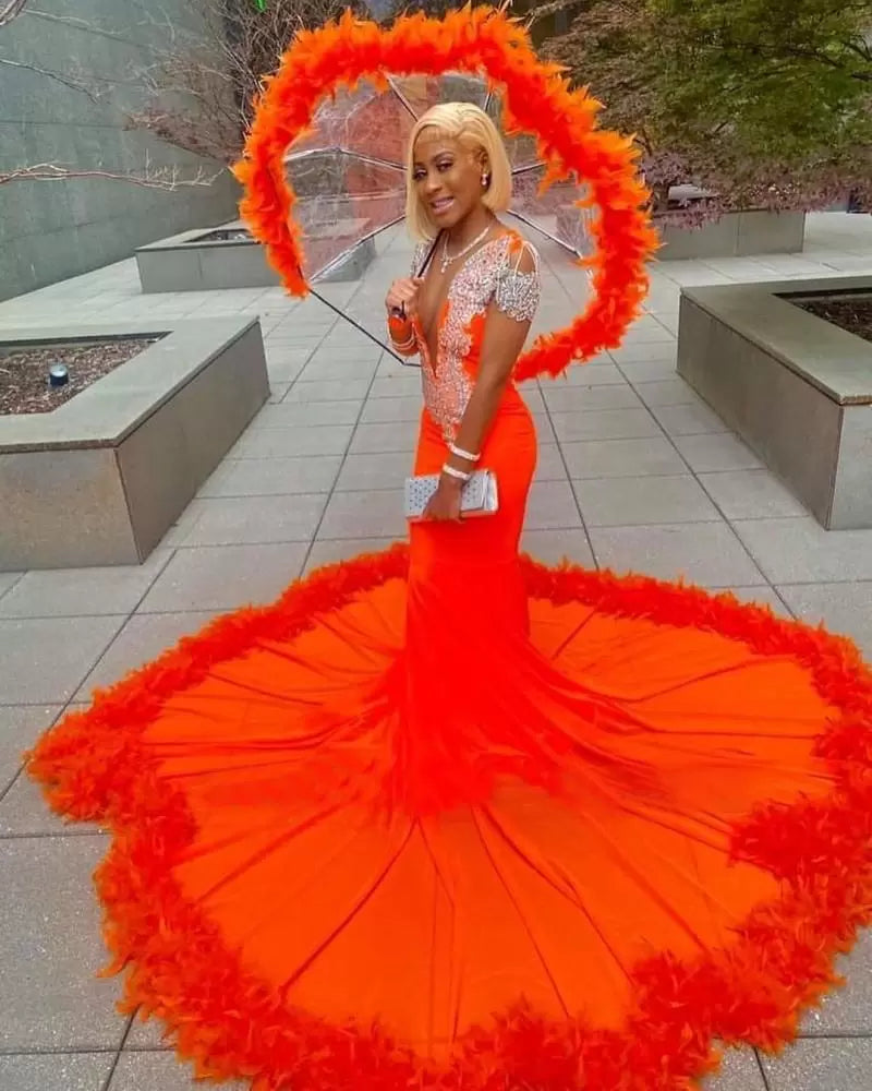 Gorgeous Orange Mermaid Tassel V-Neck Lace Prom Dress With Long Sleeves - Prom Dresses - DINIBLO 