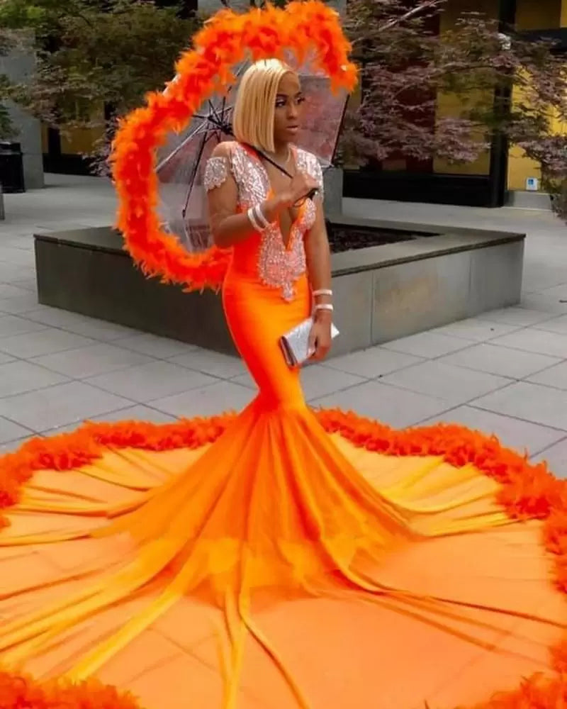 Gorgeous Orange Mermaid Tassel V-Neck Lace Prom Dress With Long Sleeves - Prom Dresses - DINIBLO 