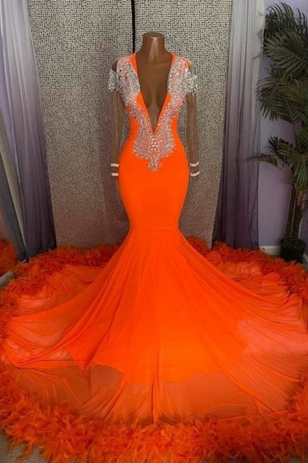 Gorgeous Orange Mermaid Tassel V-Neck Lace Prom Dress With Long Sleeves - Prom Dresses - DINIBLO 