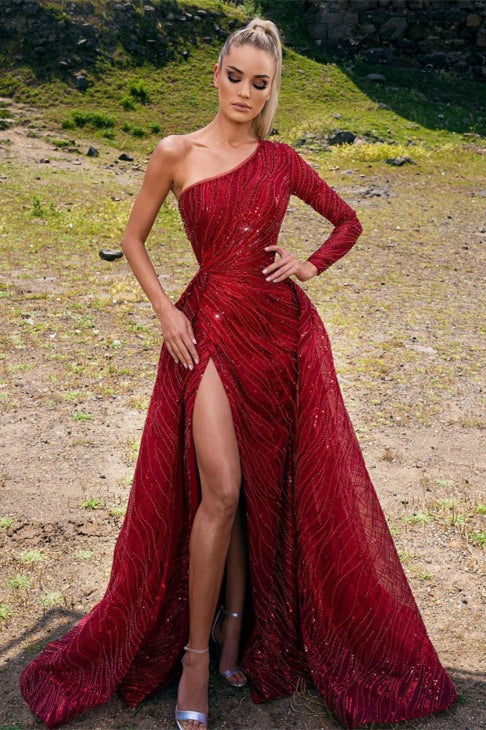 Gorgeous Red Beading One Shoulder Long A-line Prom Dress With Slit - Prom Dresses - DINIBLO 