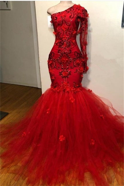 Gorgeous Red One-Shoulder Long-Sleeves Appliques Sexy Mermaid Prom Dress - Prom Dresses - DINIBLO 