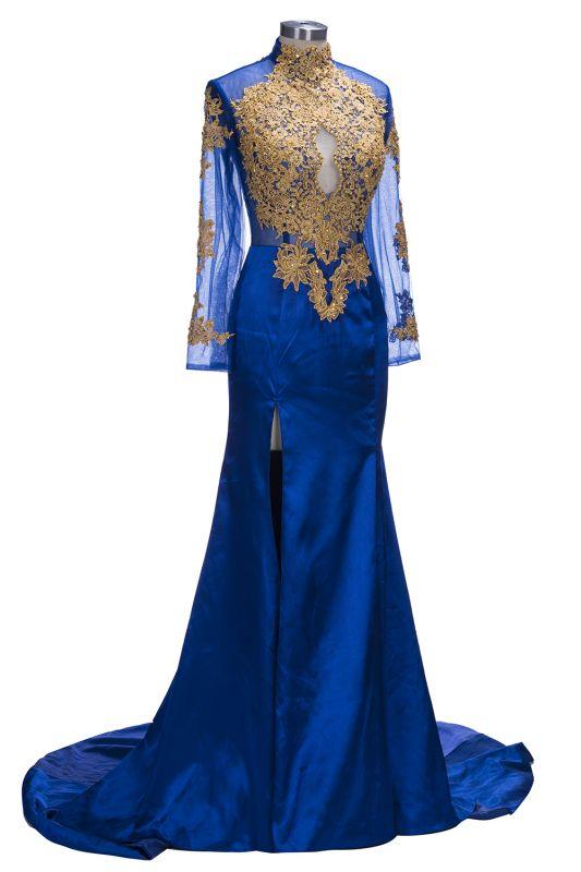 Gorgeous Royal Blue Prom Dresses | Gold Appliques Side Slit Mermaid Evening Dresses - Prom Dresses - DINIBLO 