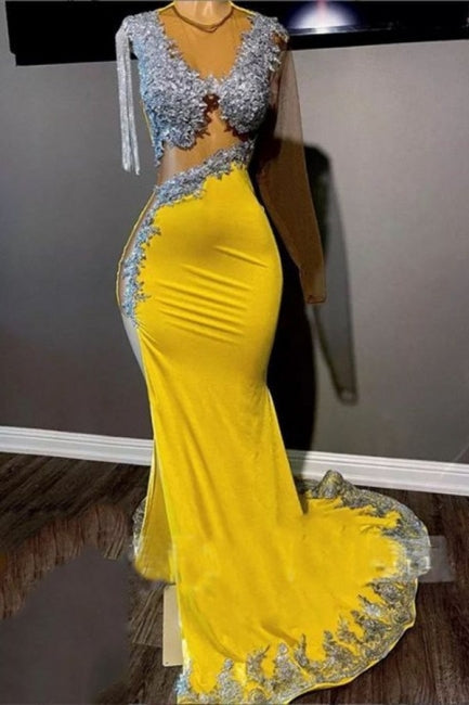 Gorgeous Yellow Tassel Floor Length Long Sleeve Mermaid Prom Dress With Slit - Prom Dresses - DINIBLO 