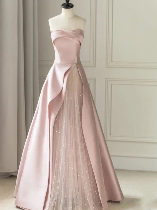 Sleeveless Satin A-Line Floor-Length Evening Gown Slit with Tulle Strapless Prom Dress - Prom Dresses - DINIBLO 