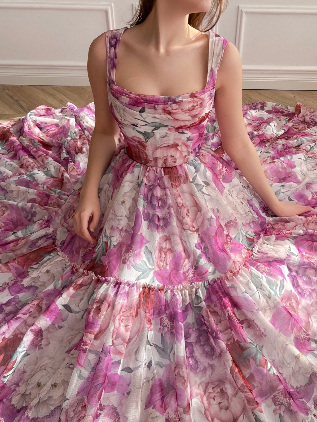 A Line Floral Pink Long Prom Dress - Prom Dress - DINIBLO 