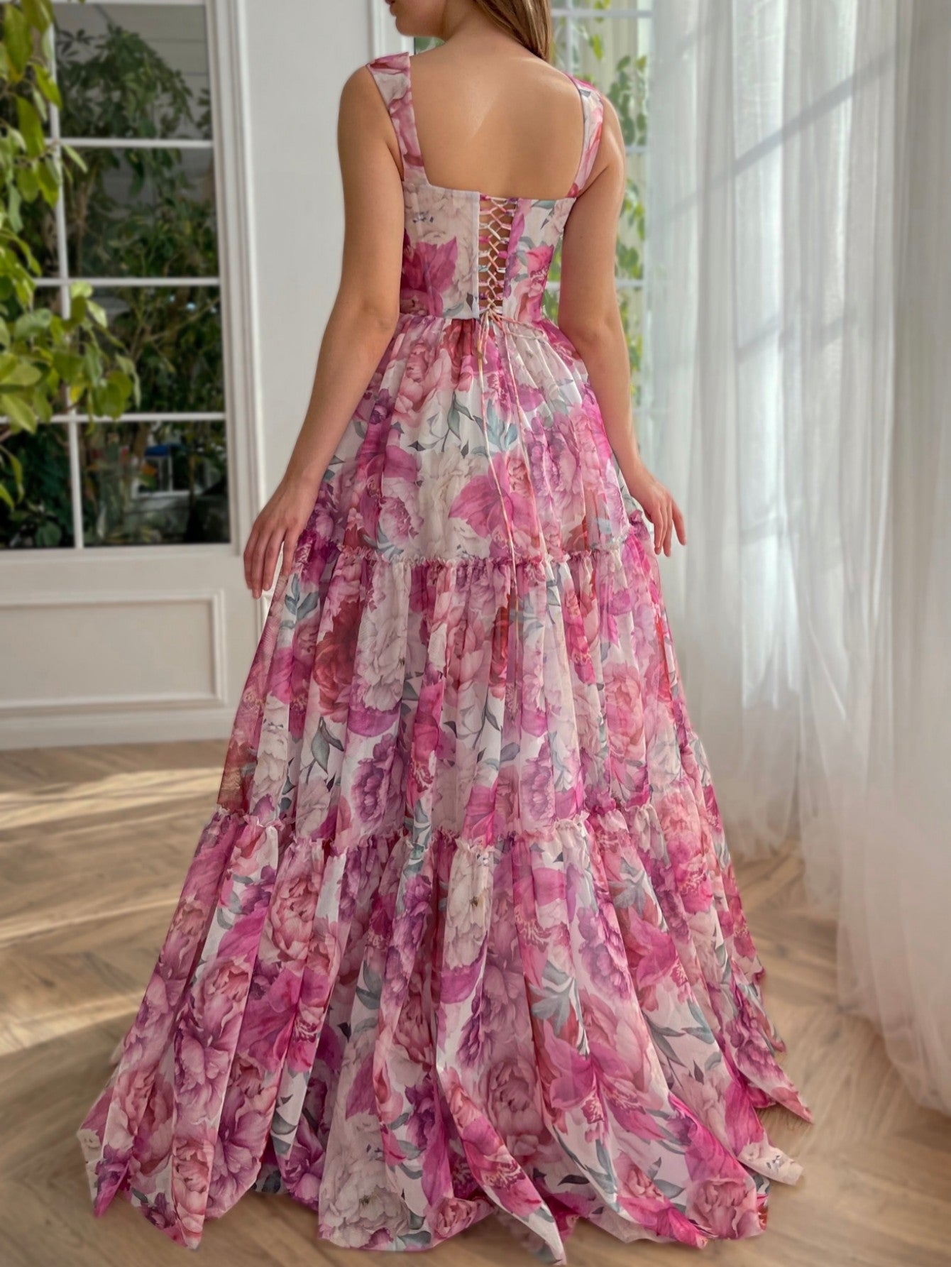 A Line Floral Pink Long Prom Dress - Prom Dress - DINIBLO 