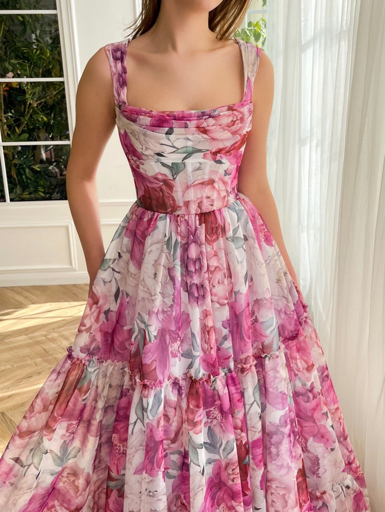 A Line Floral Pink Long Prom Dress - Prom Dress - DINIBLO 