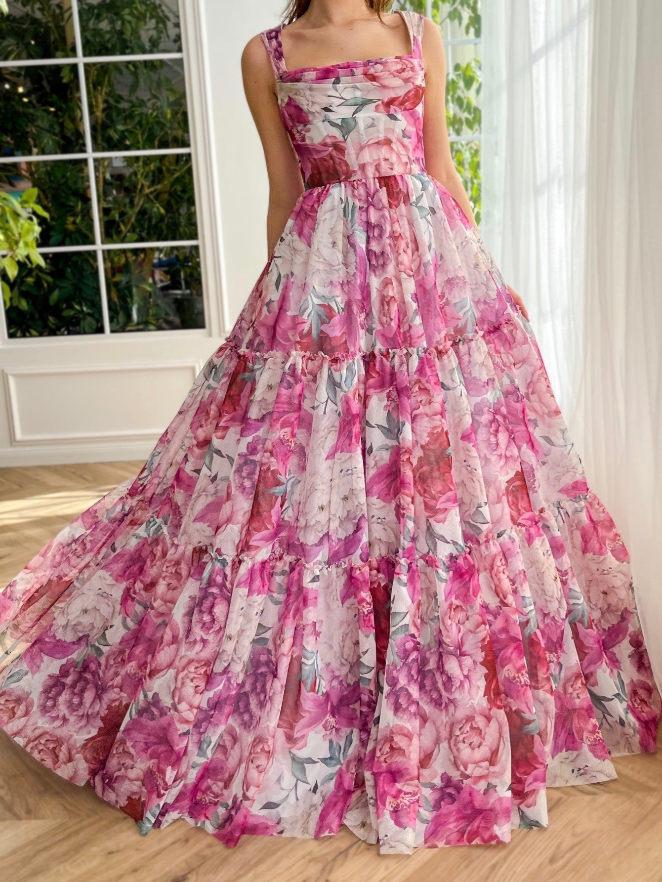 A Line Floral Pink Long Prom Dress - Prom Dress - DINIBLO 