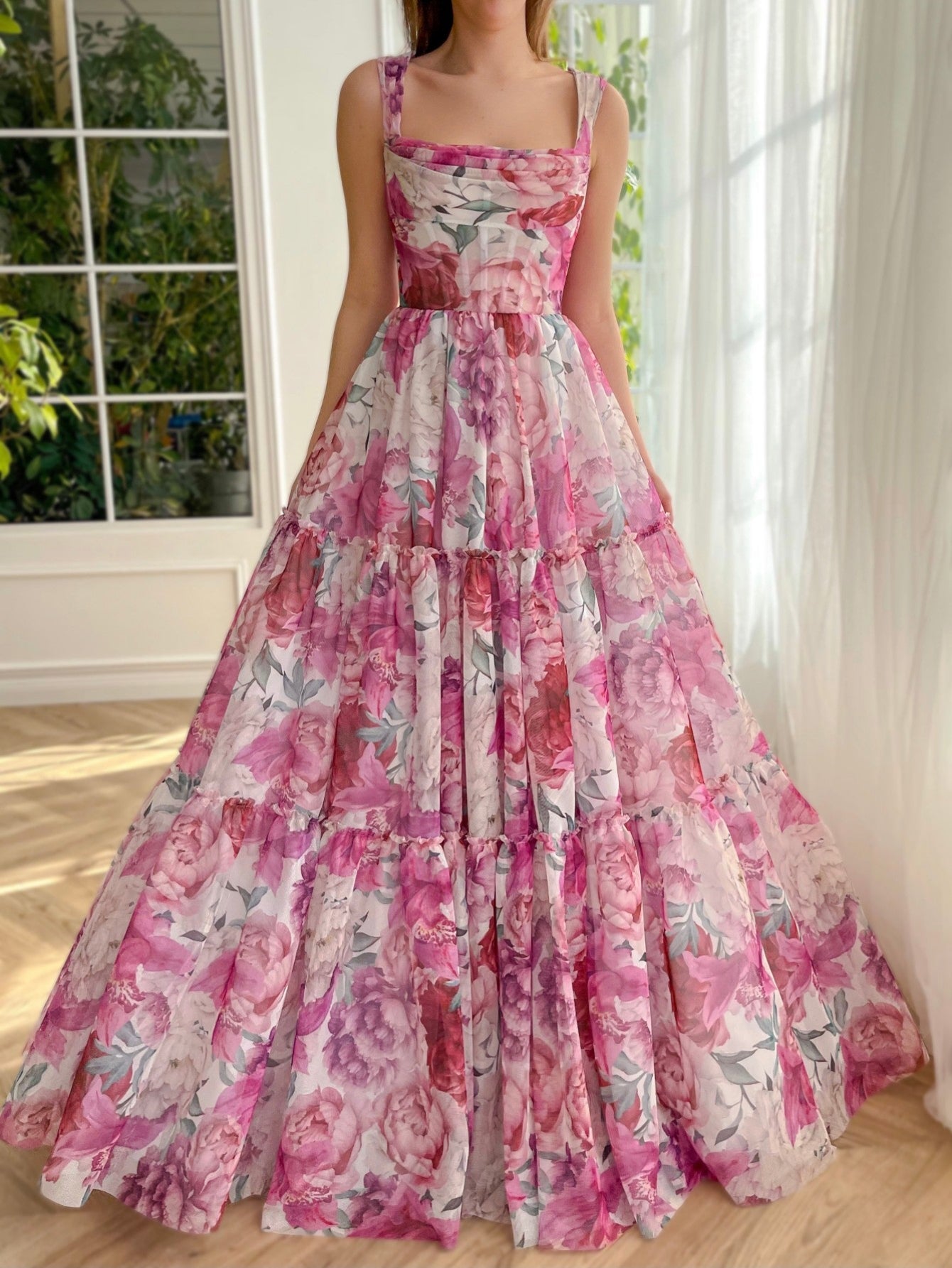 A Line Floral Pink Long Prom Dress - Prom Dress - DINIBLO 