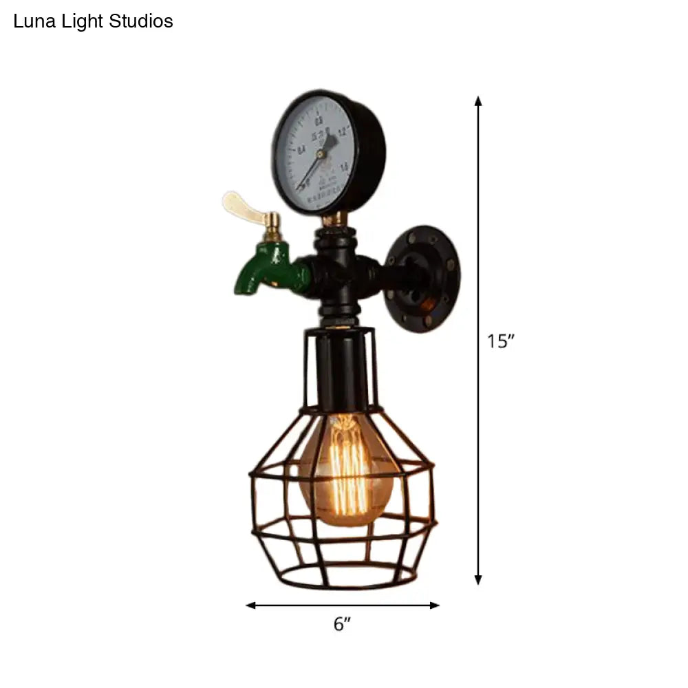 Industrial Black and Green Wall Mounted Lamp with Gauge and Cage - 1-Light Water-Tap Design -  - DINIBLO 