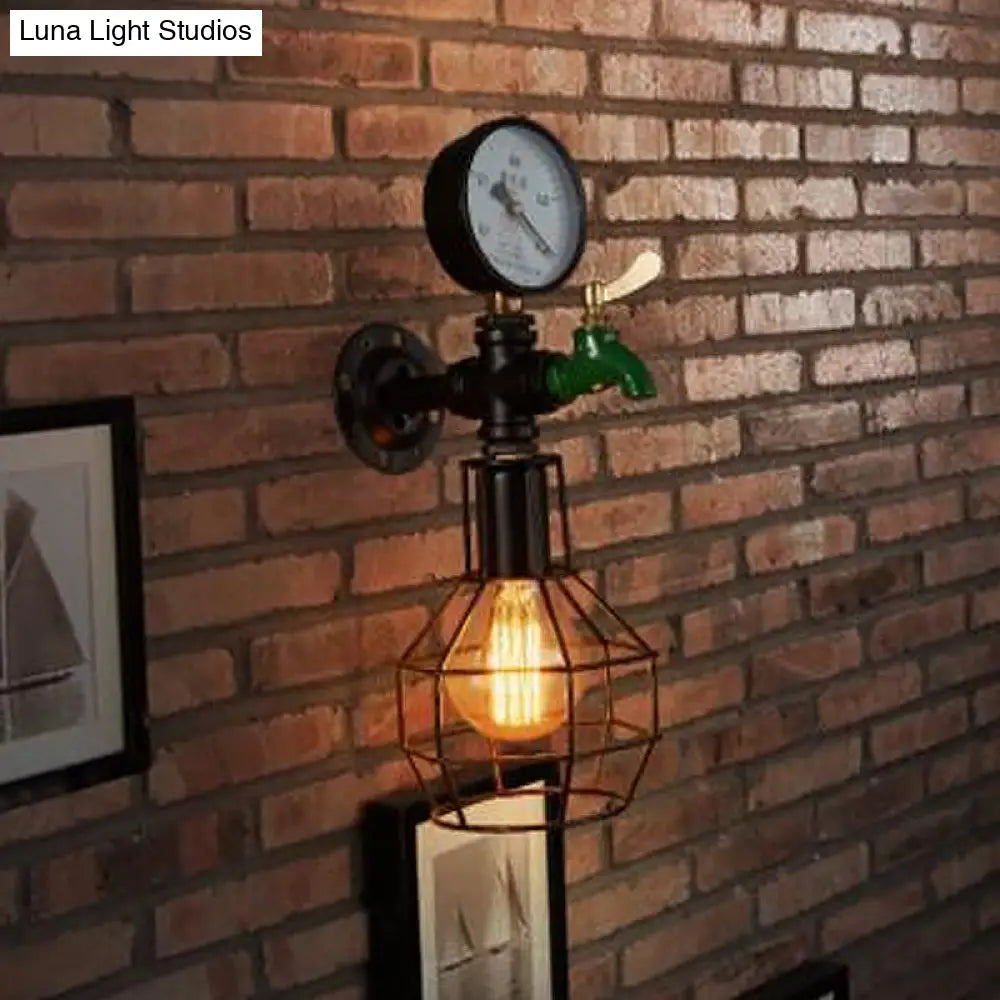 Industrial Black and Green Wall Mounted Lamp with Gauge and Cage - 1-Light Water-Tap Design -  - DINIBLO 