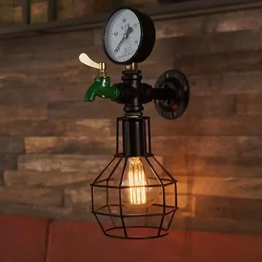 Industrial Black and Green Wall Mounted Lamp with Gauge and Cage - 1-Light Water-Tap Design -  - DINIBLO 